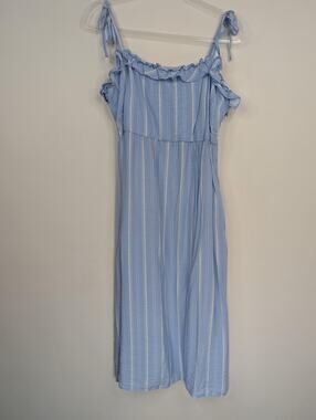 BCBG Paris Dress Womens Large Blue Stripe Midi Tie Strap Ruffle Cottagecore